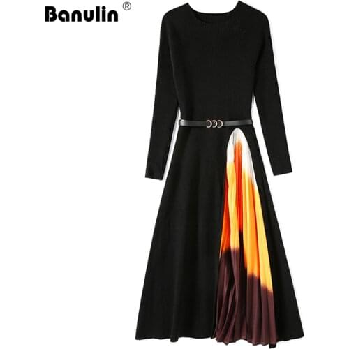 2020 Autumn Winter New Women Gradient Color Stitching Knitted Warm Sweater Dress Female Long Sleeve Ol Midi Pleated Dress