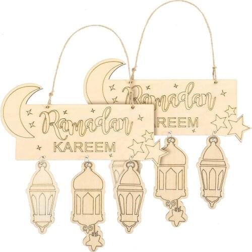 2 Pieces Islam Ramadan Wooden Hanging Plaque Sign Lantern Pendant Ornament Wall DIY Home Decoration for Eid Ramadan