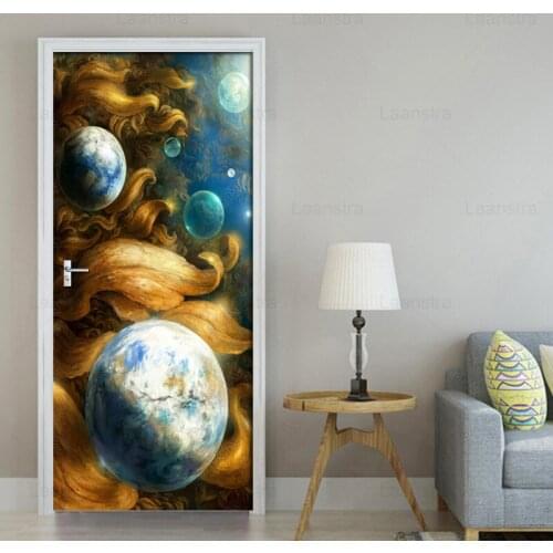 Abstract Planet Universe 3D Door Sticker PVC Self-adhesive Living Room Door Decor Mural Wall Sticker Decals Papel De Parede 3D
