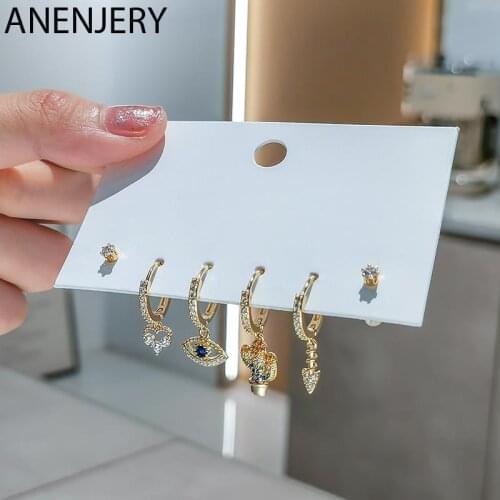 ANENJERY 6 pieces/set 925 Sterling Silver Blue Eye Heart Hoop Earrings Set Shiny Colored Zircon Creative Earrings Wholesale