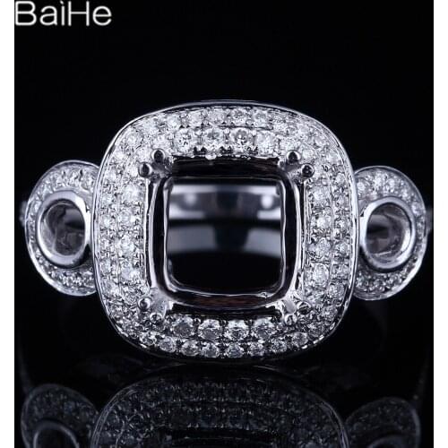 BAIHE Solid 14K White Gold Cushion Wedding Women Classic Fine Jewelry Elegant unique Semi Mount Gift Ring