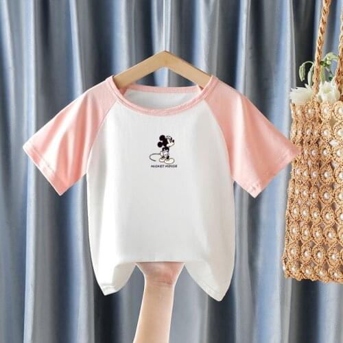 Disney 1 Piece Childrens T-shirt Mickey Printed Color Block Sleeves Round Neck Cotton Kids Boys Girls Short Sleeve Tops Summer