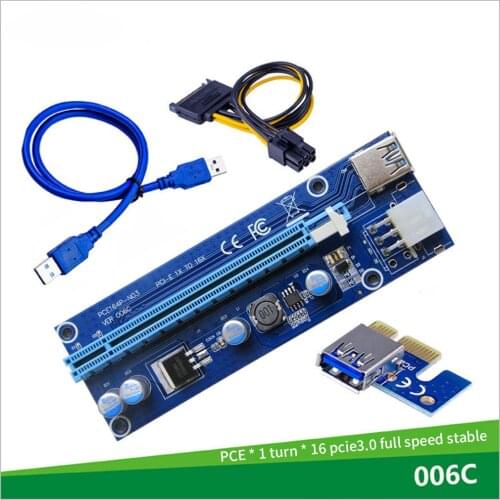 New VER006C PCIe 1x to 16x Express Riser Card Graphic PCI-E Riser Extender 60cm USB 3.0 Cable SATA to 6Pin Power for BTC Mining