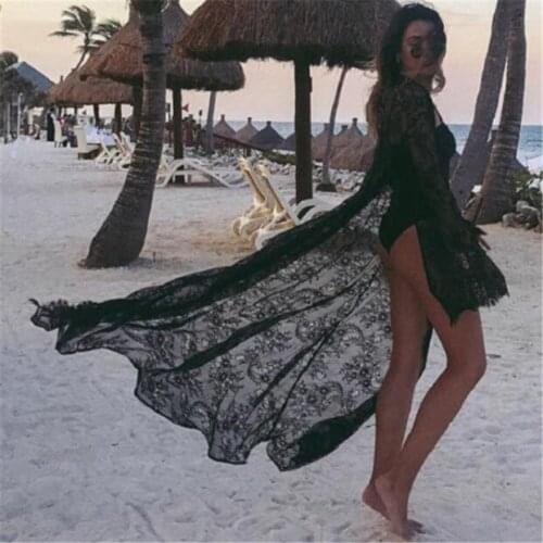 Summer Sexy Women Lace Boho Bikini Cover Up Kimono Cardigan Blouse Long Sunscreen Black White Hollow Out Lace Beachwear