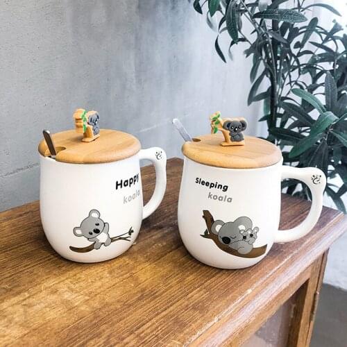 Cartoon animal wooden cover with spoon koala ceramic mug creative mug male and female student couple mug water mug
