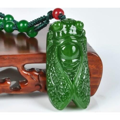 Natural Green Hetian Jade Stone Cicada Pendant Beads Necklace Chinese Jadeite Jewelry Charm Reiki Amulet Carved Gifts for Women