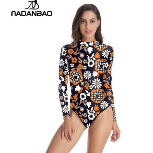One Piece Swimsuit Loog Sleeve Zippered Surfing Bathing Suit Flower Printed Swimwear Women Bodysuit Swim Suit Y02033