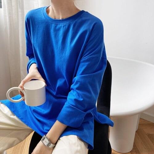 Autumn And Winter New Womens T-shirt Loose Long-sleeved Round Neck Simple Pullover Bottoming Shirt Femme Qn