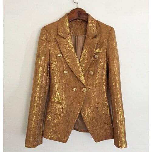 High-end womens jacket golden feminine suit 2020 new slim metal double breasted ladies blazer Temperament Office Jacket
