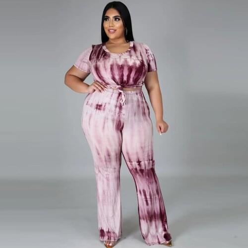 Tie Dying Printed Casual Loose Lady Suit Round Neck Short Sleeve Crop Top and Elastic Waist Wide Pants Female Loungewear Outfit