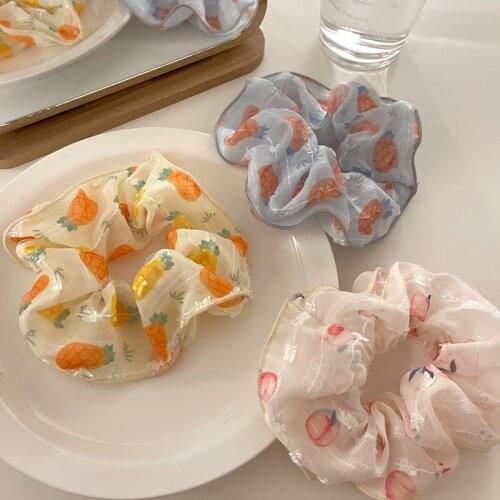 Summer New Fruit Scrunchy Pineapple Peach Printed Chiffon Hair Rubber Bands Korean Kawaii Hair Accessories Women Cute Scrunchies
