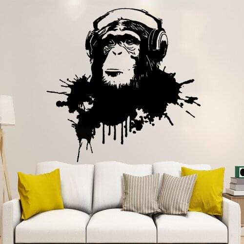 Chimp with headphone Listening to Music Monkey Wall Decal Art DJSticker Graffiti Style Removable Murals Vinyl ph590