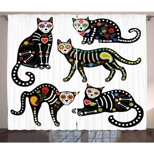 Mexican Cat Curtains Cinco de Mayo Sugar Skull Pets Satin Fabric Drapes for Living Room Bedroom 2 Panel Window Set