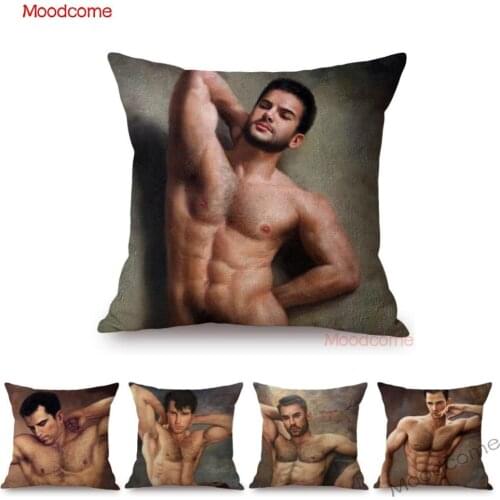 Tempting Male Nude Sexy Man Boy Oil Painting Muscle Guy Gay Theme Art Cotton Linen Pillow Case Hot Body Boyfriend Cushion Cover