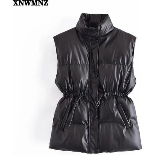 XNWMNZ Women 2021 Fashion Drawstring Leather Cotton vest Pocket Padded Waistcoat Vintage Sleeveless Female Outerwear Streetwear