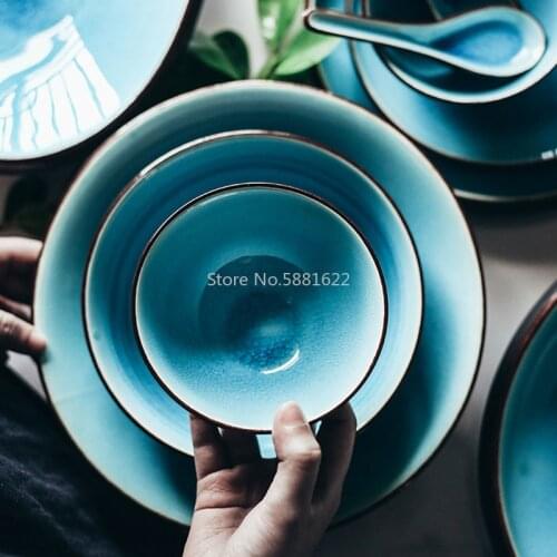 Japanese Ice Crack Glazed Lake Blue Color Bowls Tableware Household Rice Bowl Ceramic Fruit Salad Bowl