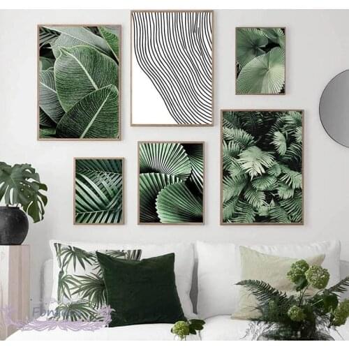 Green Plant Canvas Painting Palm Coniferous Leaf Wall Art Print Poster Abstract Black Line Drawing Pattern Decorative Picture