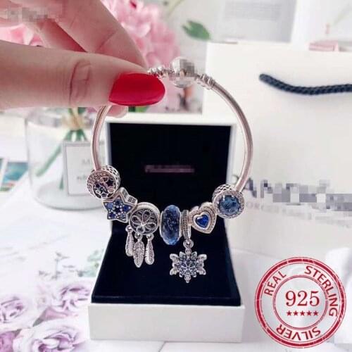 S925 Sterling Silver Snake Bone Chain Bracelet Bracelet Blue Opal Beaded Finished Bracelet Fashion Trend Feather Pendant