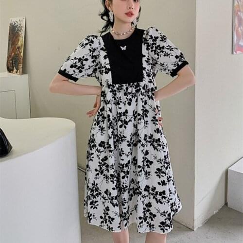 FALLINGSTAR Floral Embroidery Stitching Dress Women Summer 2021 New Puff Sleeves Korean Fashion Black Holiday Casual Puffy Dress