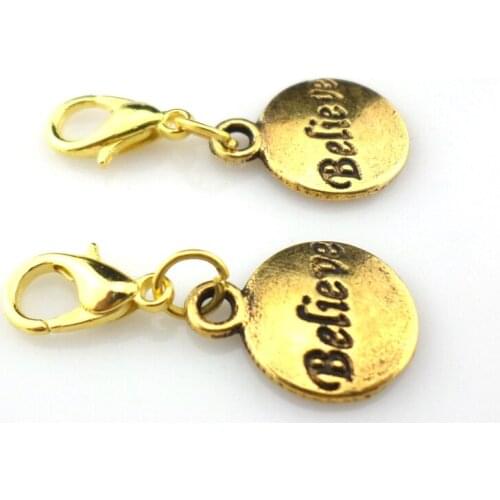 100pcs Gold Round Believe With lobster Claw Clap Trigger Charm Pendants 11x24mm Fit European Bracelets Jewelry