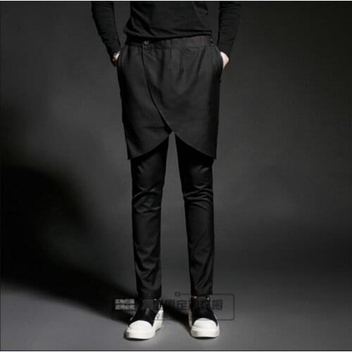 27-44 New Korean Version Of The Tide Mens Personality Fake Two Pieces Of Casual Pants Skirt Fashion Hairstylist Harem Pants