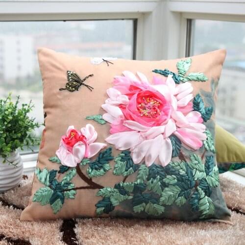Diy 3D Embroidery Pillowcase Flower Ribbon Decorations Cushion Cover for Home Pillow Cover Cotton Sofa Diy Pillow Case