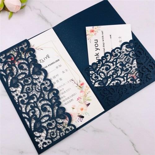 Free Ship 50X Champagne gold/White/Black/Navy blue/Ivory Glitter Tri fold Hollow Laser cut Pocket Wedding Invite Invitation Card