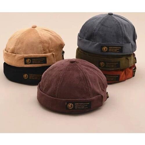 6 Colors Unisex Brimless Cap Corduroy Docker Beanie Hat Rolled Cuff Retro Skullcap for Men Women