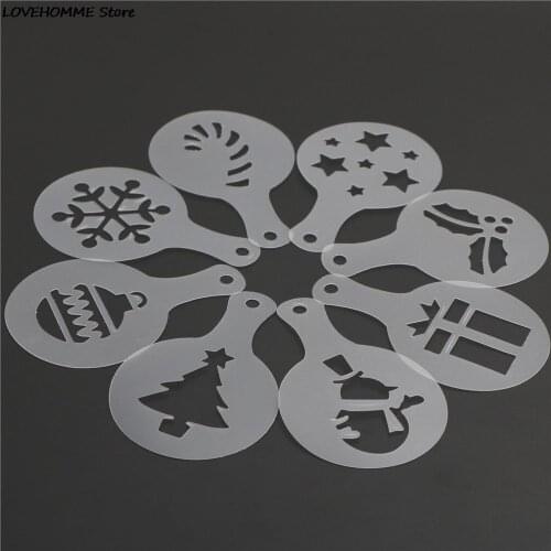 8Pcs Christmas Cookie Stencil Set Coffee Latte Cappuccino Barista Art Stencils Cake Duster Templates Coffee Tools Accessories