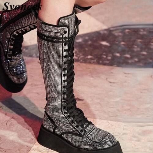 Shiny Full Crystals Women Knee High Boots Laces Flat Platform Glatiator Boots Sexy Lady Ridding Boots Martins 2020 Fall Winter