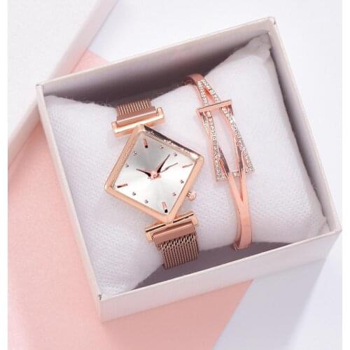 Fashion 2pcs Set Women Bracelet Watches Women Dress Ladies Wrist Watch Luxury Rose Gold Quartz Watch magnetic strap watch
