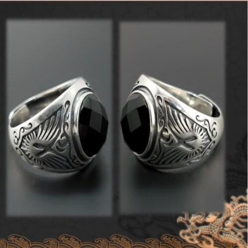 925 Sterling Silver color Rings with Natural Black Onyx Stone Round Shape Retro Punk Carved Thai Silver color Party Jewelry