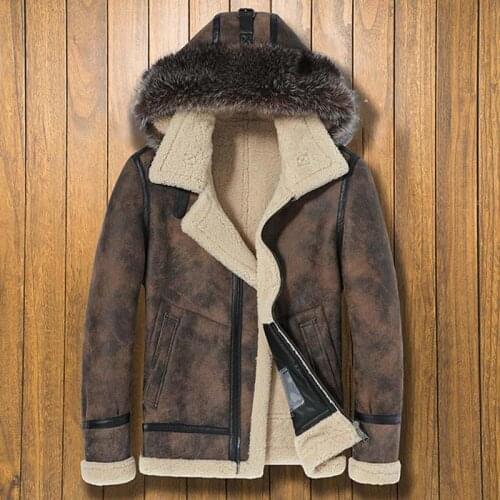 New Shearling Coat Mens B3 Bomber Leather Jacket Short Fur Overcoat Hooded Motorcycle Parkas