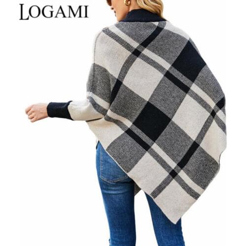LOGAMI 2021 Autumn and Winter New Cape Womens Color-blocking Plaid Bat Sleeve Knitting Shawl Women Coat