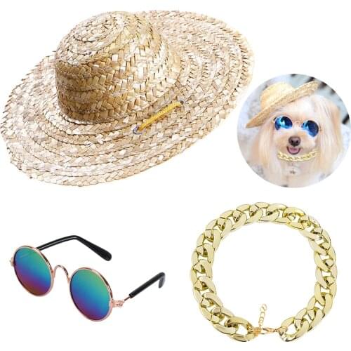 Pet Jewelry Set Dog Straw Hat Fashion Straw Adjustable Pet Hat Dog Hat With Sunglasses Necklace Pet Clothing Accessories Set