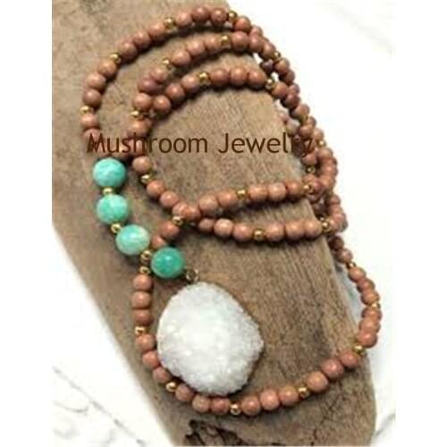 NaturalDrop Pendant Necklace Wood Beaded Necklace Layered Long Necklace Boho Yoga Necklace