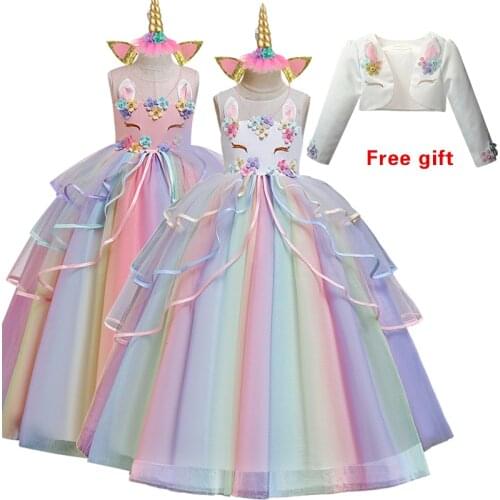 New Flower Girl Wedding Party Cocktail Party Unicorn print dress girl birthday party graduation Princess embroidery dress