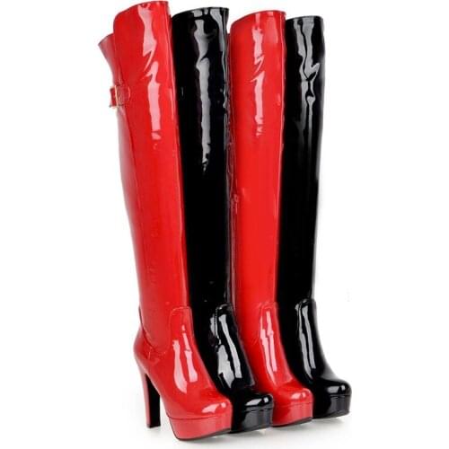 Sexy Over the Knee Boots Women Platform Fashion High Heels Thigh High Boots Patent Leather Womens Winter High Boots Shoes Red