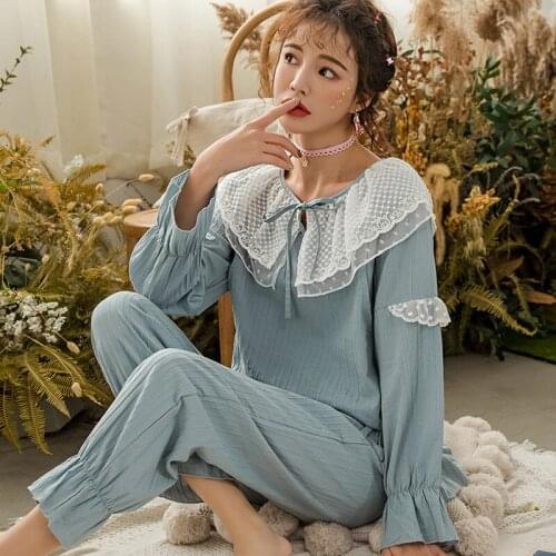 Expectant Mother Nursing Pajamas Set Long Sleeve T-shirt+Trousers Pregnant Women Sleepwear Postpartum mother Lace Collar Pajamas