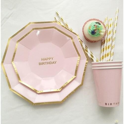 Princess Prince Happy Birthday Paper Plates Cups Pink Blue Color Dinnerware Foil Set Carinval Ins Home Disposable Supplies