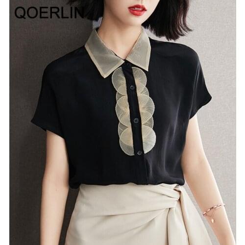 QOERLIN Retro Mesh Patchwork Black Tops Shirts Women Turn-Down Collar Short Sleeve Summer Blouse Ladies Office Chic Elegant Tops