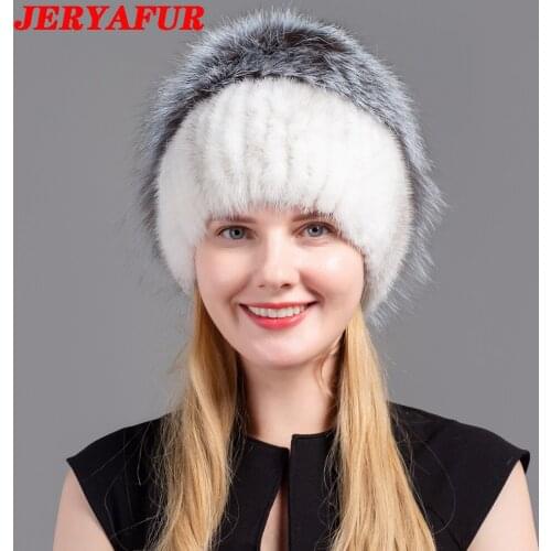 JERYAFUR JERYAFUR Russian Fox Hat Womens Winter Warm Fur Hat Natural Mink Fur Knitted Hat Female Edama Braided Fox Fur
