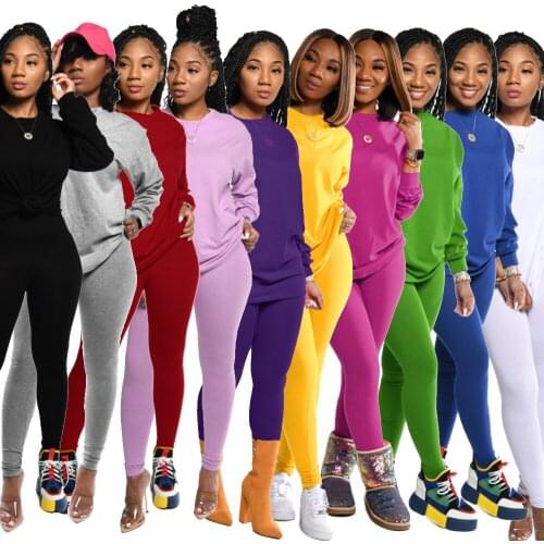 Sport Solid Womens Set Two Piece Set Long Sleeve T-shirt Leggings Jogger Pants Suit Tracksuit Matching Set Casual Outfits S-XXL