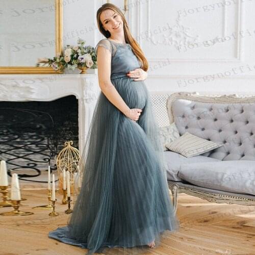 Dark Grey Pleated Maternity Gowns for Photography 2021 Fashion Babyshower Party Dresses Bridal Tulle Robes Zipper Back