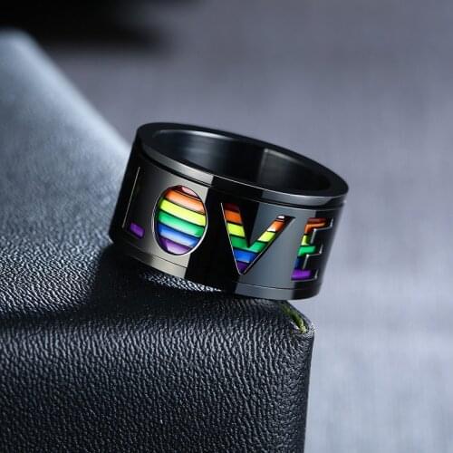 Modyle New Male Spinner LOVE Ring Enamel Rainbow Inlay Stainless Steel Gays Lesbians LGBT Pride Band Engagement Ring for Men