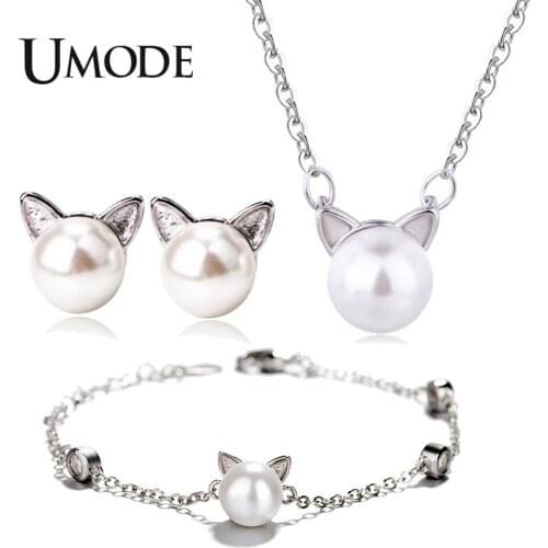 UMODE Cute White Pearl Cat Ear White Gold Color Jewelry Sets for Women Bracelet and Earrings and Necklace Set Link Chain AUS0053