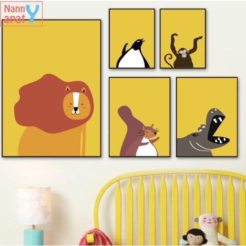 Yellow Background Cartoon Animal Poster Funny Lion Hippo Monkey Pictures for Baby Room Wall Art Canvas Painting Home Decoration