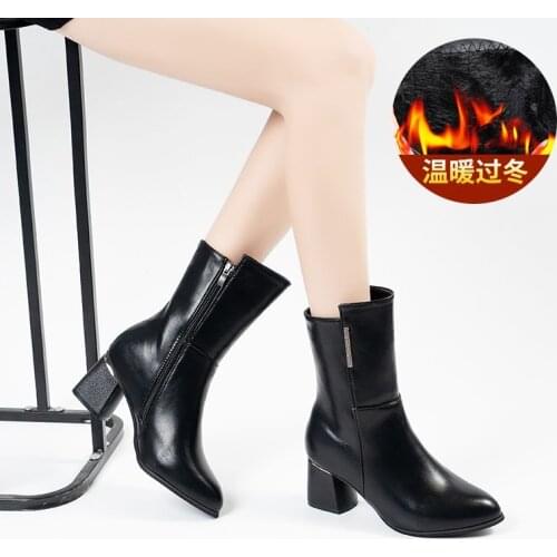 Women Autumn Boots Fashion Mid-Calf Boots PU Leather Women Boots Bota Feminina Female Zip Square Heel Shoes Black Size 41
