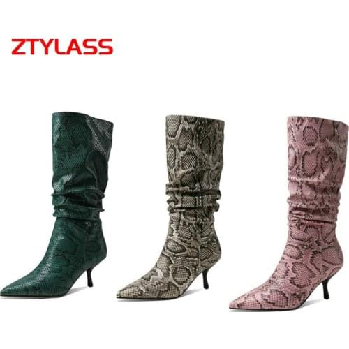2021 Women Pointed Snake Print Knee High Boots Fashion Slip On Pleated Long Boots Ladies Faux Leather Autumn Winter Shoes Woman