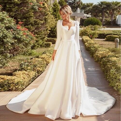 Elegant Satin Wedding Dresses Long Sleeve Bride Gown Arabic Muslim Wedding Gown Open Back Vestido de novia 2021